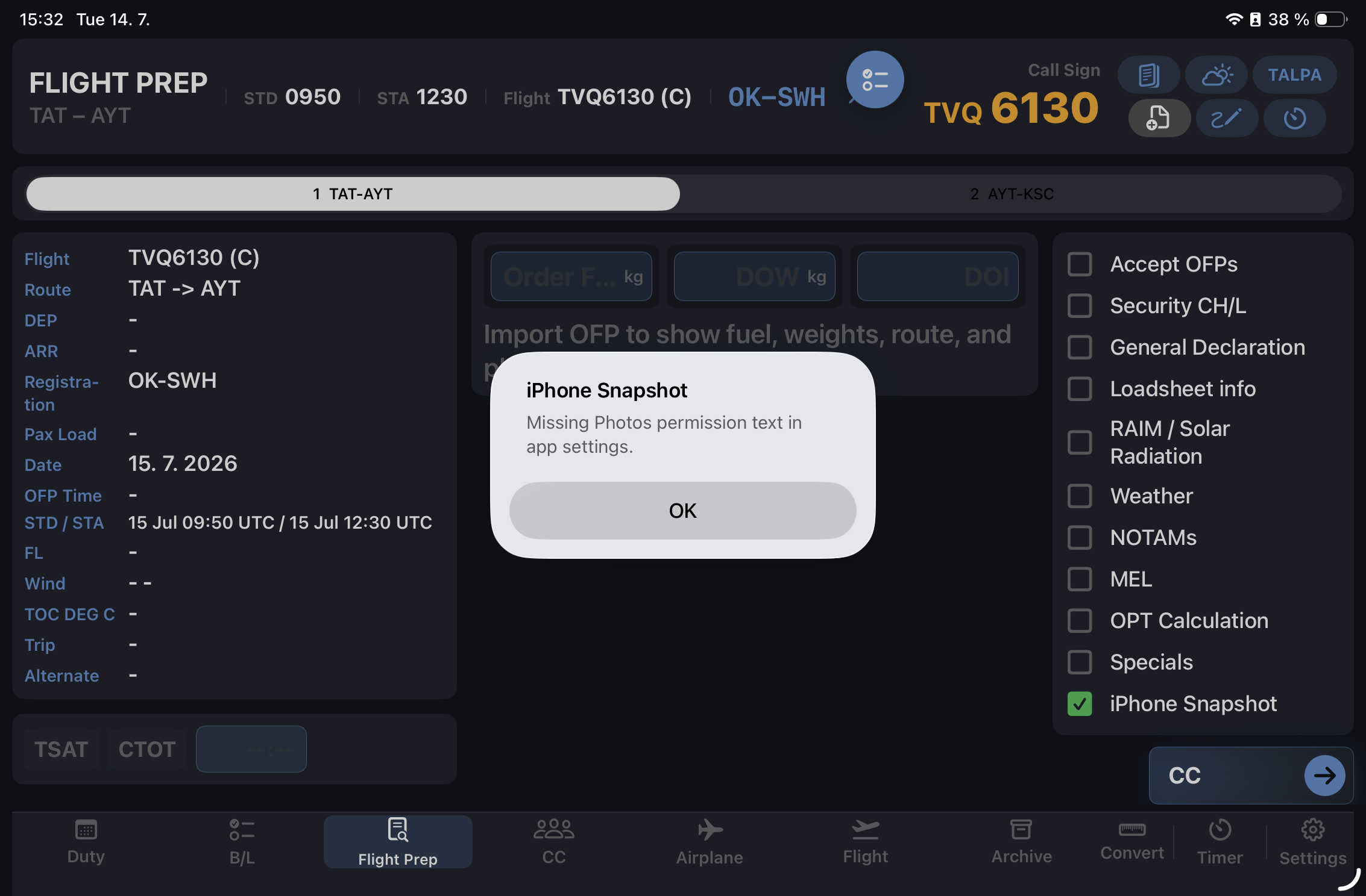 SectorPad iPad flight preparation screen