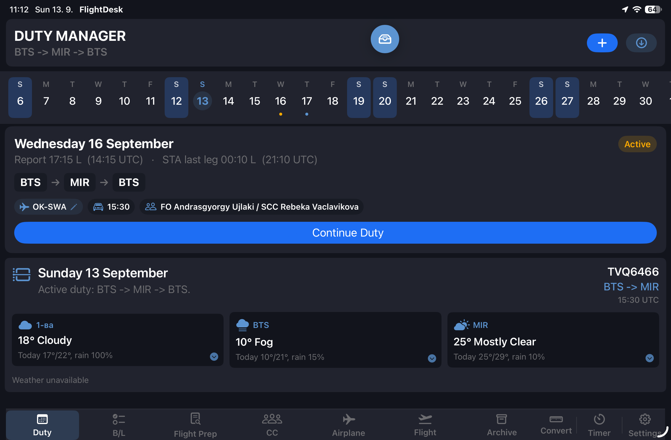 SectorPad duty manager screen