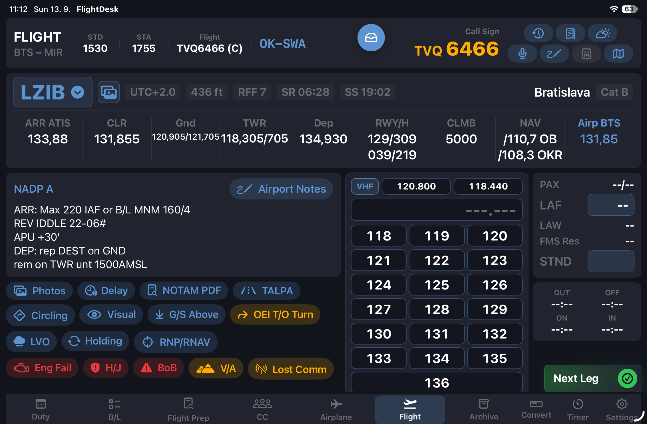 SectorPad flight phase screen