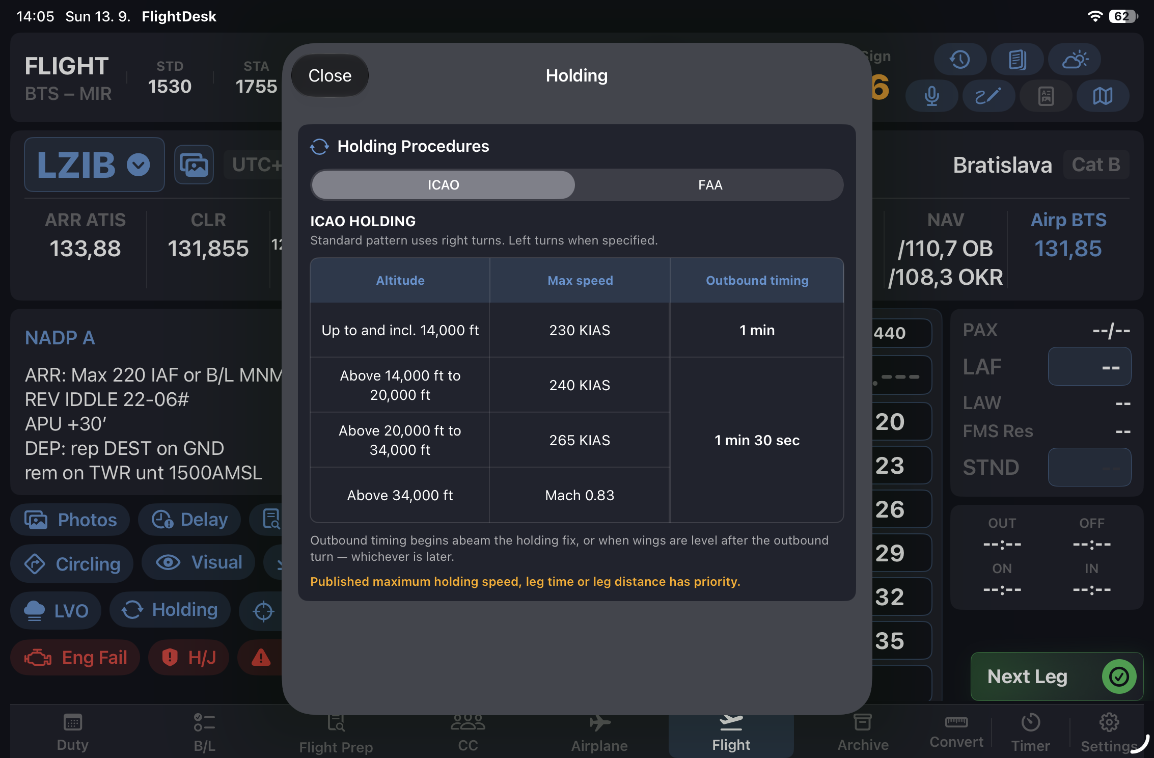 SectorPad holding procedures reference screen